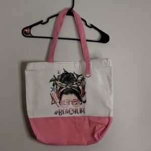 Pink and White Canvas Tote with Graphic Design